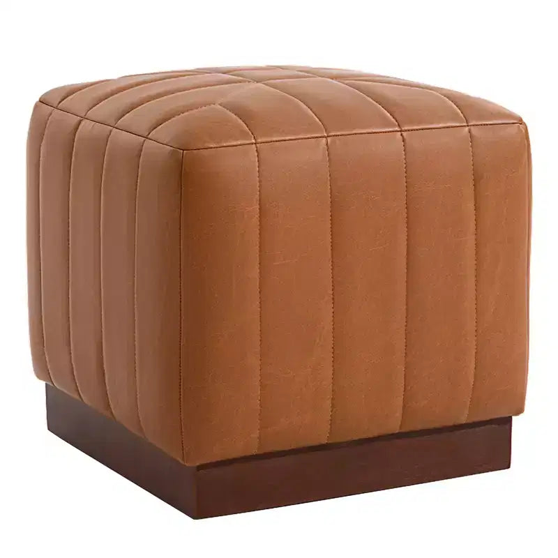 Cube Pouf Ottoman with Wood Grain Base | Upholstered Footrest with Solid Acacia Wood Frame, 500 lbs Capacity