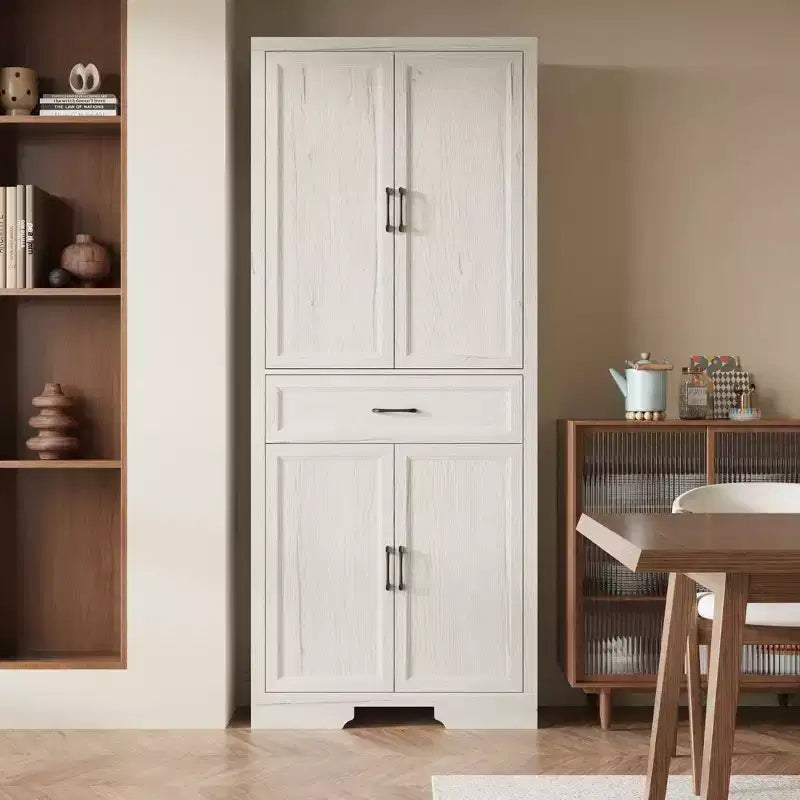 Hitow White Oak-Effect Kitchen Pantry Cabinet  Double-Door + Drawer Storage