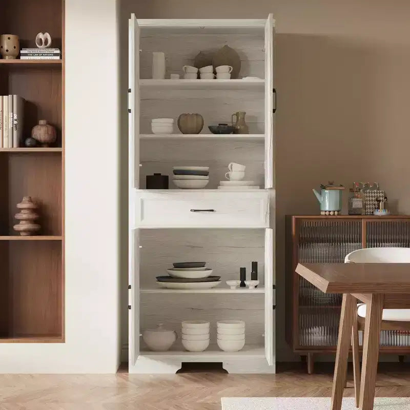 White Oak-Effect Kitchen Pantry Cabinet with Double Doors and Drawer