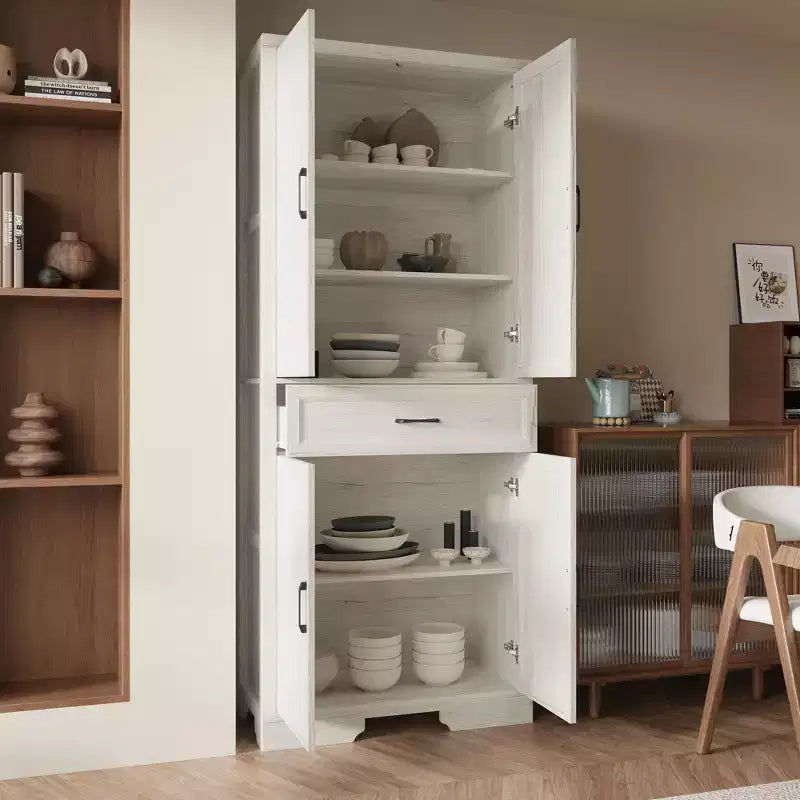 White Oak-Effect Kitchen Pantry Cabinet with Double Doors and Drawer