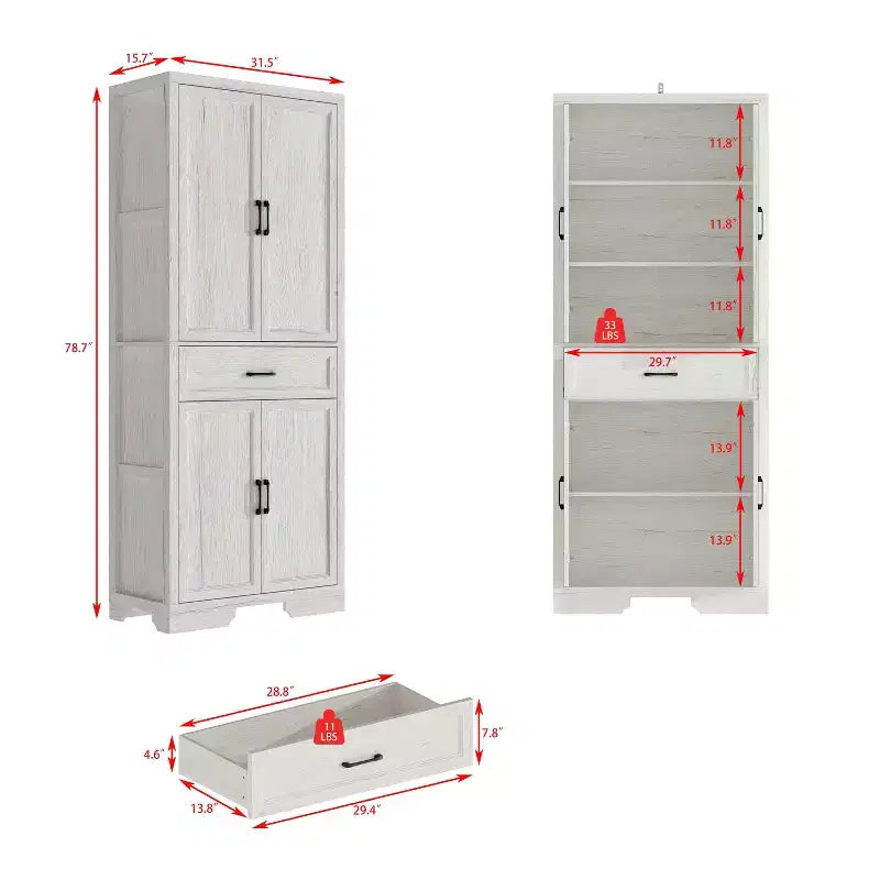 White Oak-Effect Kitchen Pantry Cabinet with Double Doors and Drawer