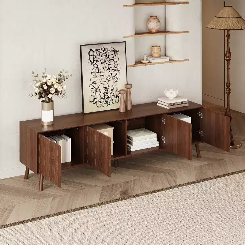 70 Inch Modern TV Stand for TVs up to 80 Inches, Entertainment Center with Solid Wood Legs and Soft Closing Hinges