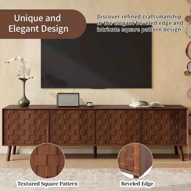 70 Inch Modern TV Stand for TVs up to 80 Inches, Entertainment Center with Solid Wood Legs and Soft Closing Hinges