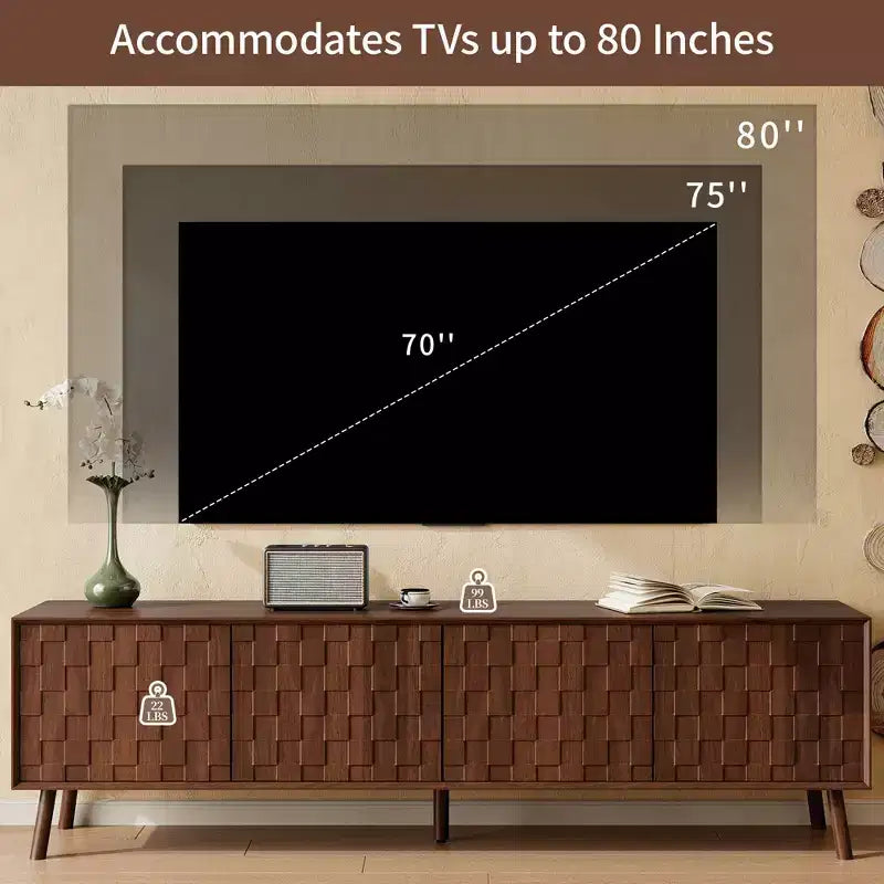 70 Inch Modern TV Stand for TVs up to 80 Inches, Entertainment Center with Solid Wood Legs and Soft Closing Hinges