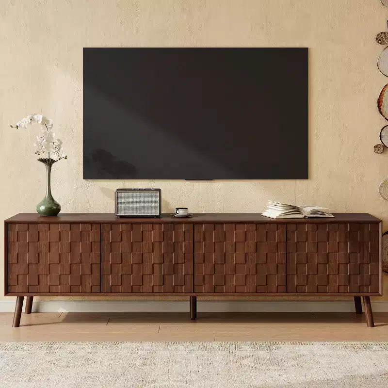 70 Inch Modern TV Stand for TVs up to 80 Inches, Entertainment Center with Solid Wood Legs and Soft Closing Hinges