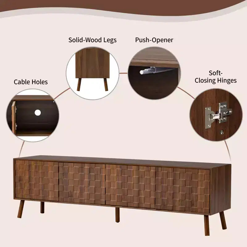 70 Inch Modern TV Stand for TVs up to 80 Inches, Entertainment Center with Solid Wood Legs and Soft Closing Hinges
