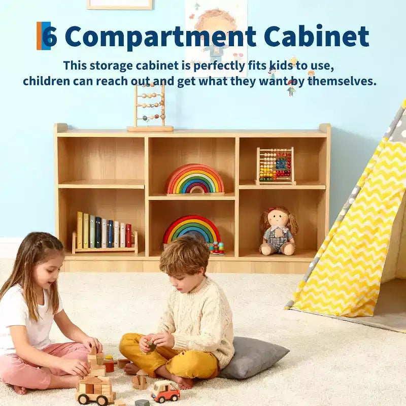 6-Compartment Kids Storage Shelf with Adjustable Dividers, Natural Finish