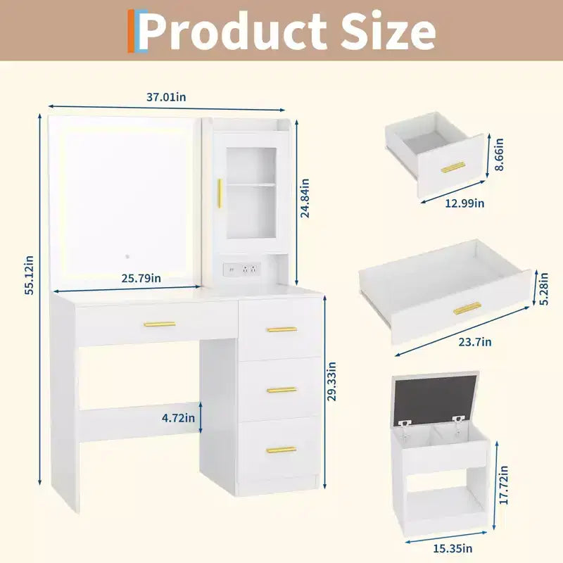 Makeup Vanity Desk with Lighted Mirror, Storage Drawers and Stool