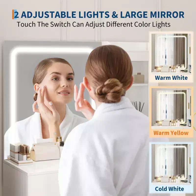 Makeup Vanity Desk with Lighted Mirror, Storage Drawers and Stool