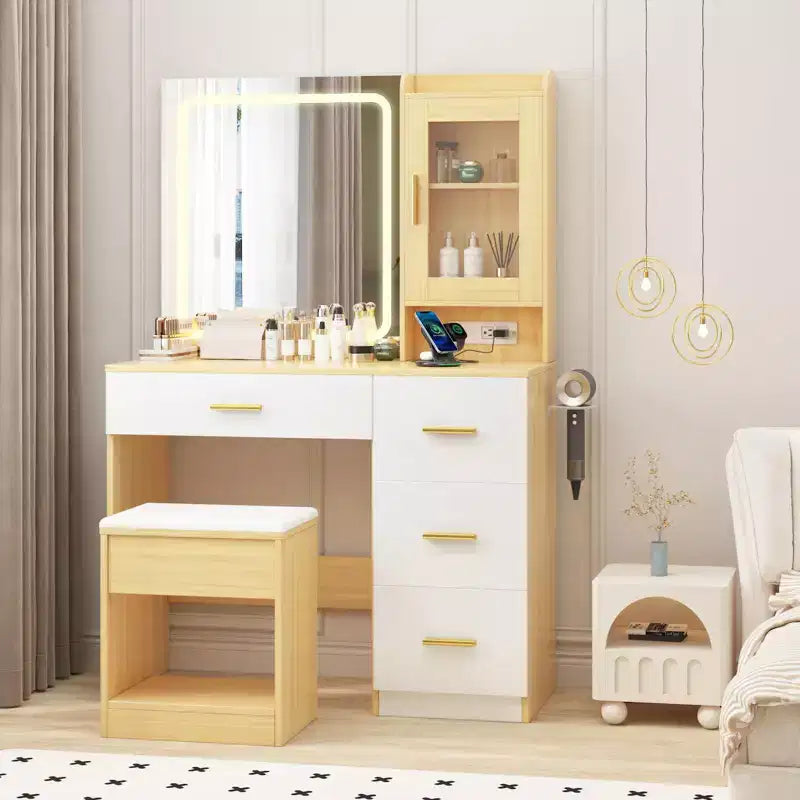 Vanity Desk with Mirror and Lights,Modern Makeup Dressing Table with Built In Outlets, Storage Stool,4 Drawers & Hair Dryer Holder