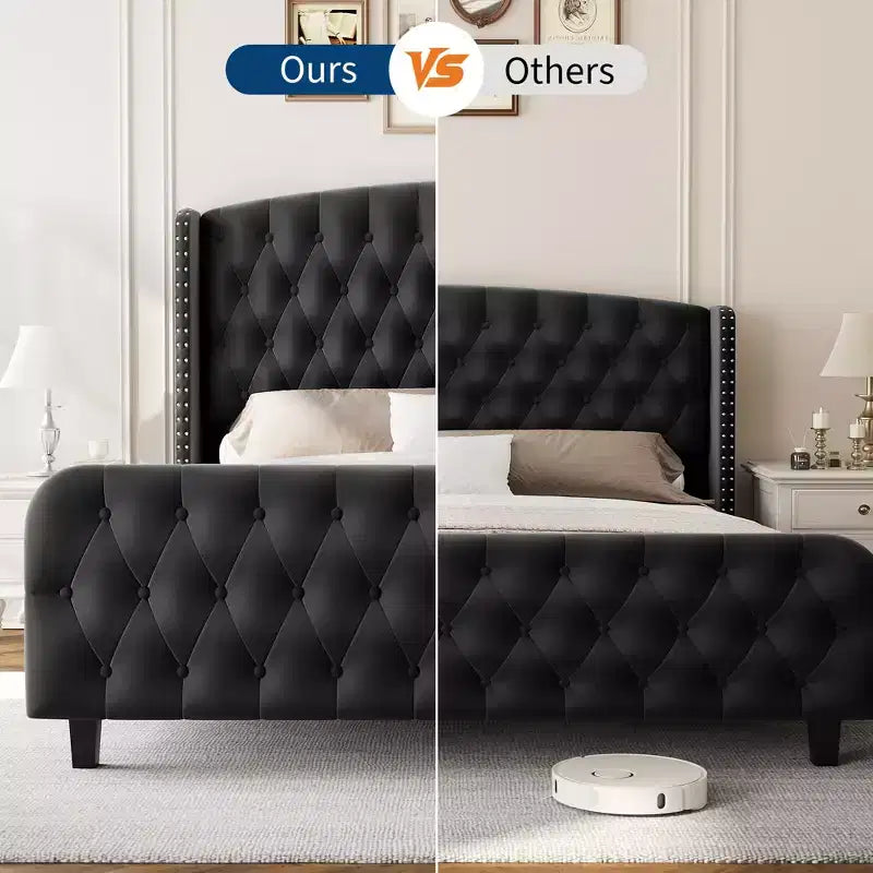 Upholstered Platform Bed Frame with Wingback Headboard and Footboard