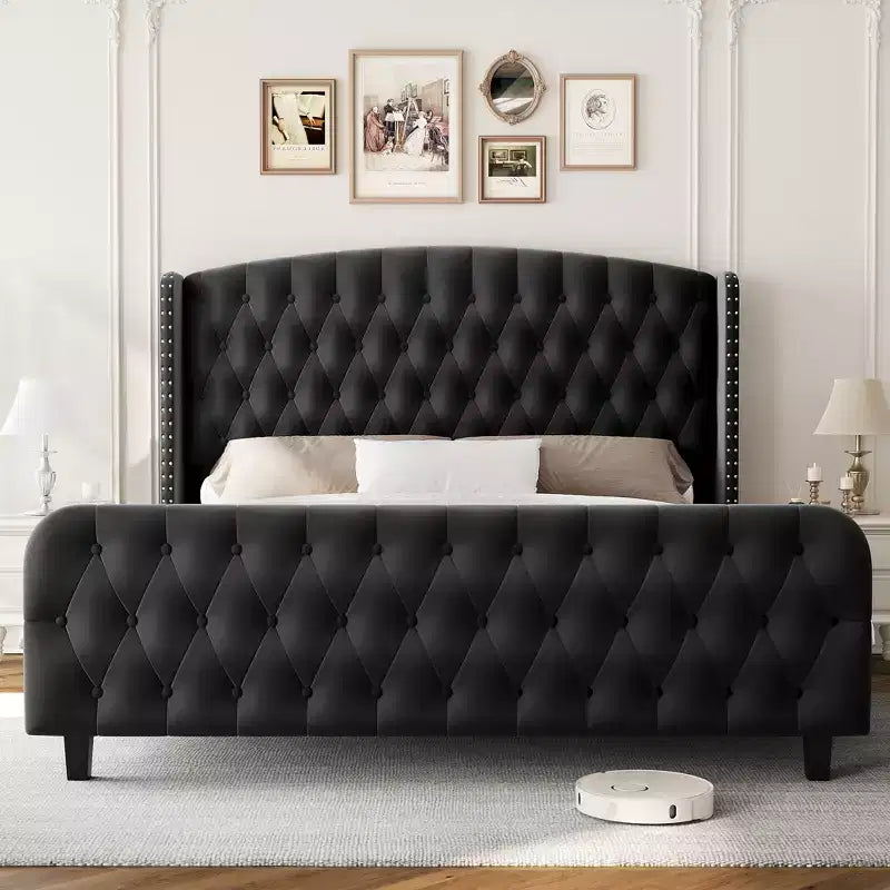 Upholstered Platform Bed Frame with Wingback Headboard and Footboard