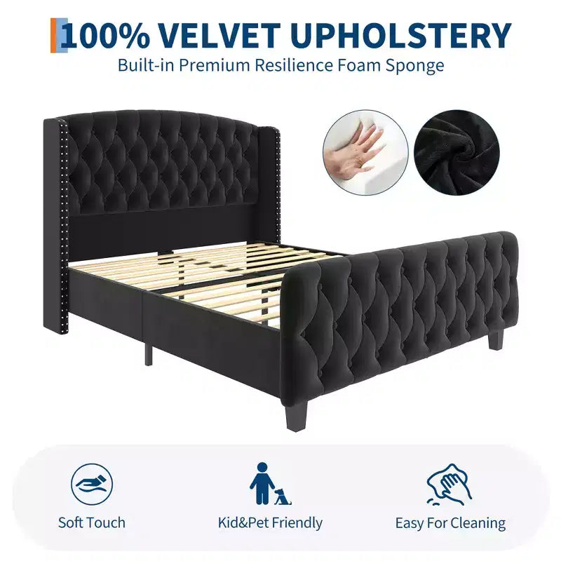Upholstered Platform Bed Frame with Wingback Headboard and Footboard