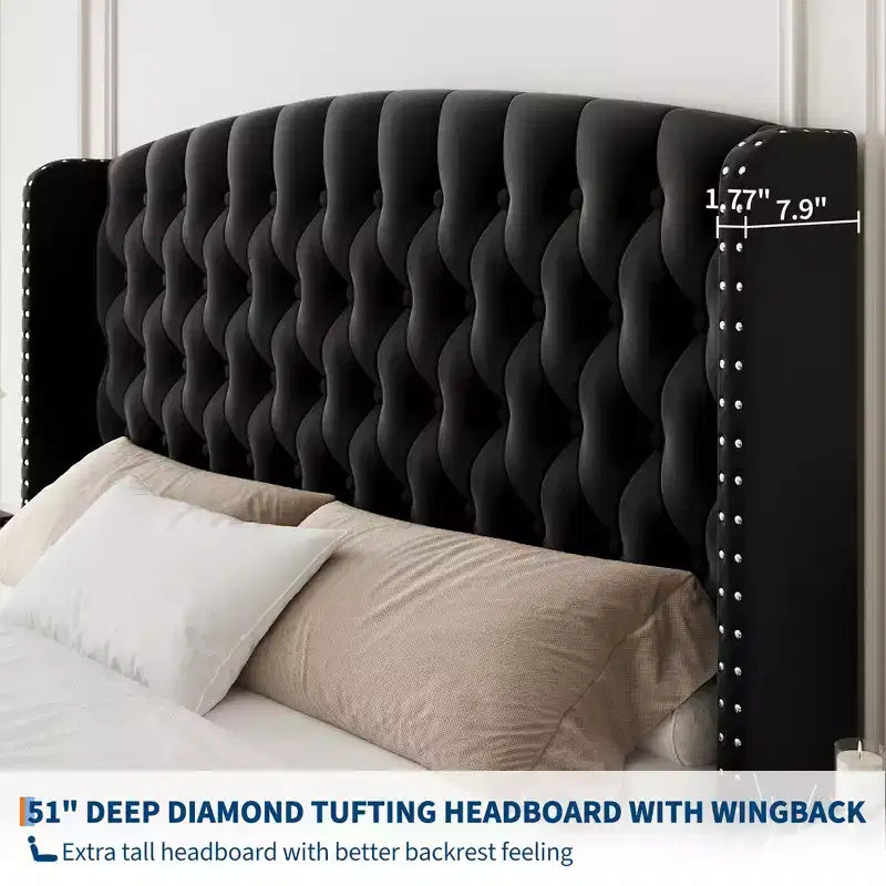 Upholstered Platform Bed Frame with Wingback Headboard and Footboard