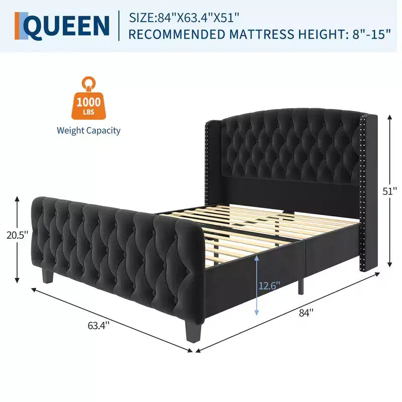 Upholstered Platform Bed Frame with Wingback Headboard and Footboard
