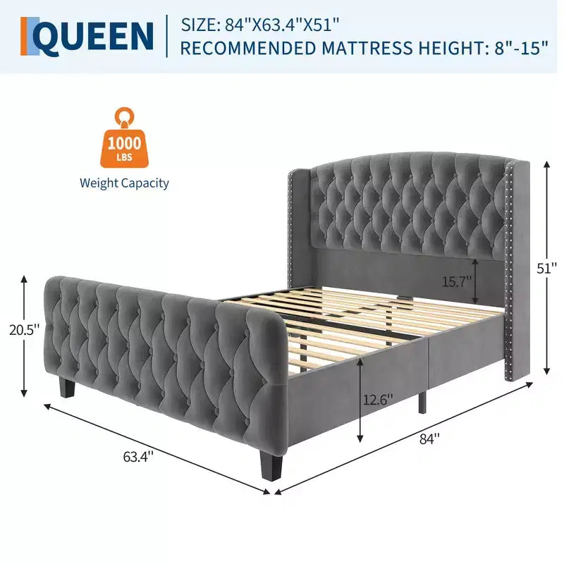 Upholstered Platform Bed Frame with Wingback Headboard and Footboard