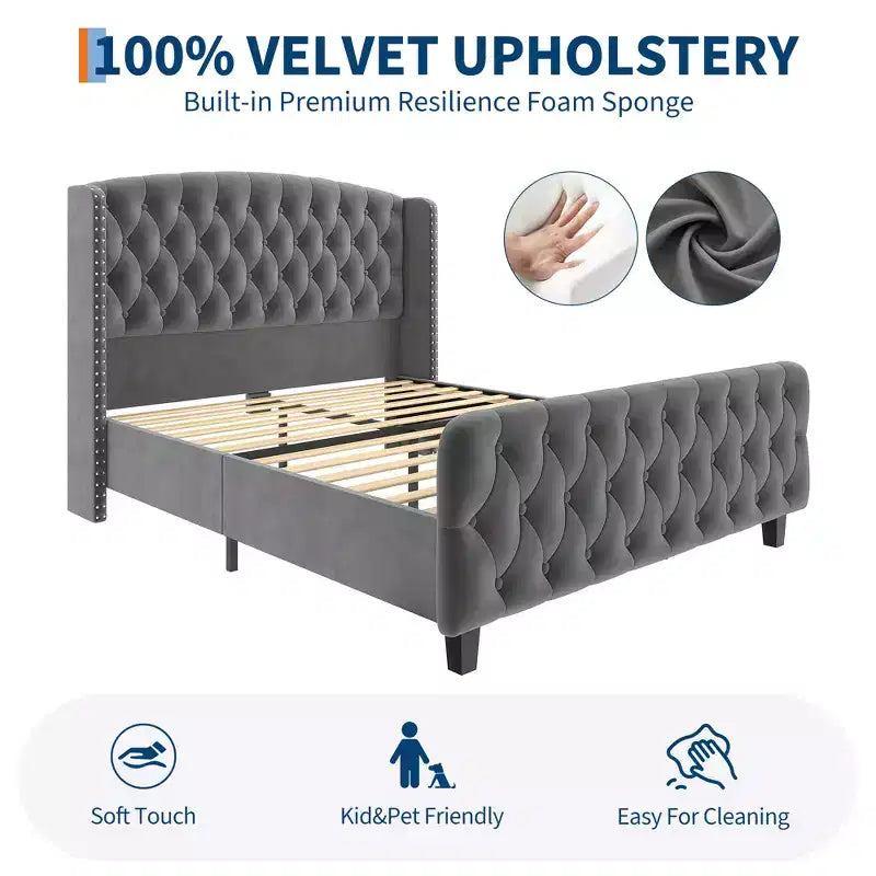 Upholstered Platform Bed Frame with Wingback Headboard and Footboard