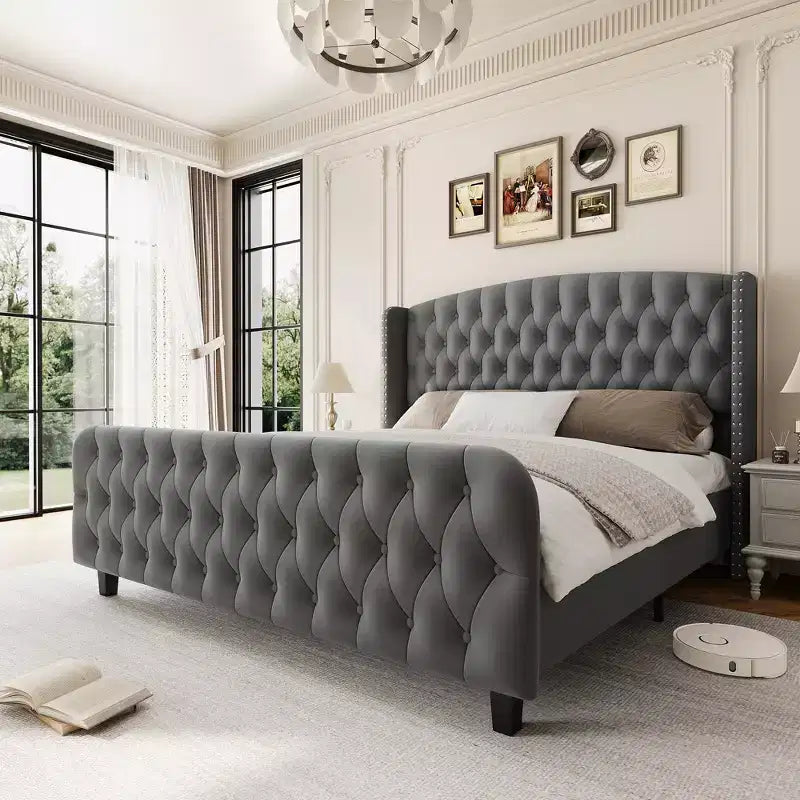 Upholstered Platform Bed Frame with Wingback Headboard and Footboard