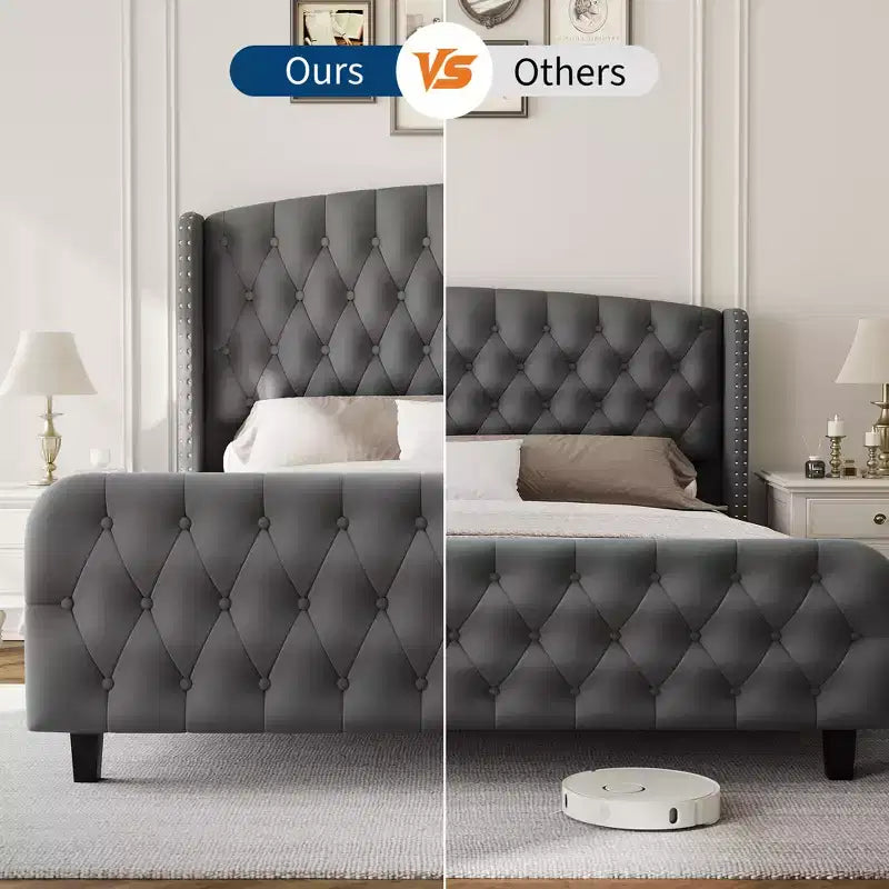 Upholstered Platform Bed Frame with Wingback Headboard and Footboard