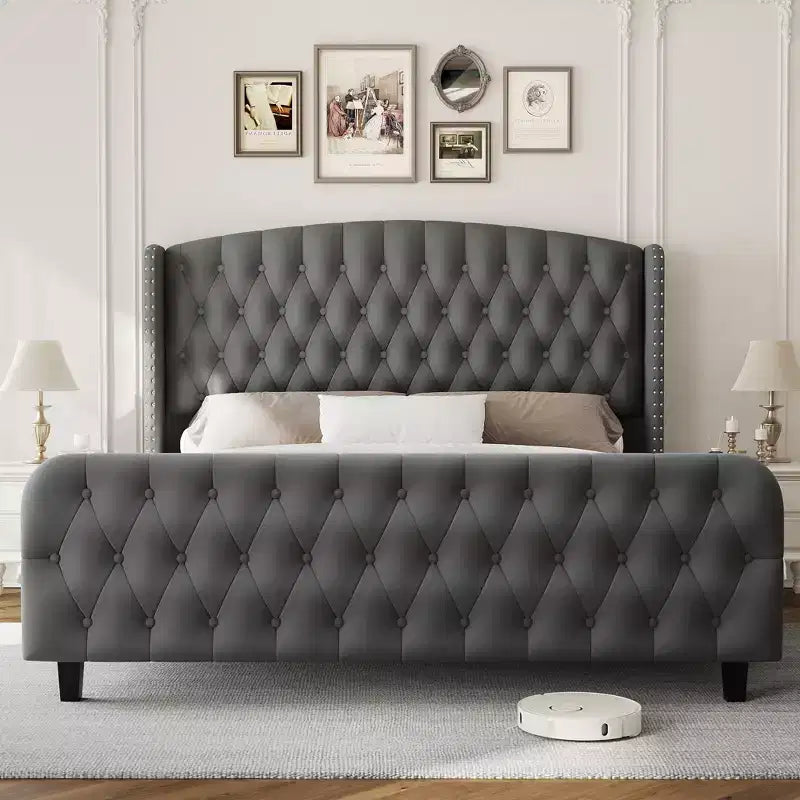 Upholstered Platform Bed Frame with Wingback Headboard and Footboard