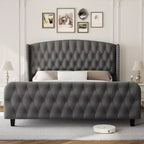 Upholstered Platform Bed Frame with Wingback Headboard and Footboard