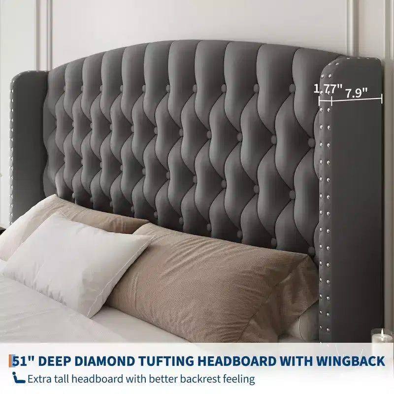 Upholstered Platform Bed Frame with Wingback Headboard and Footboard