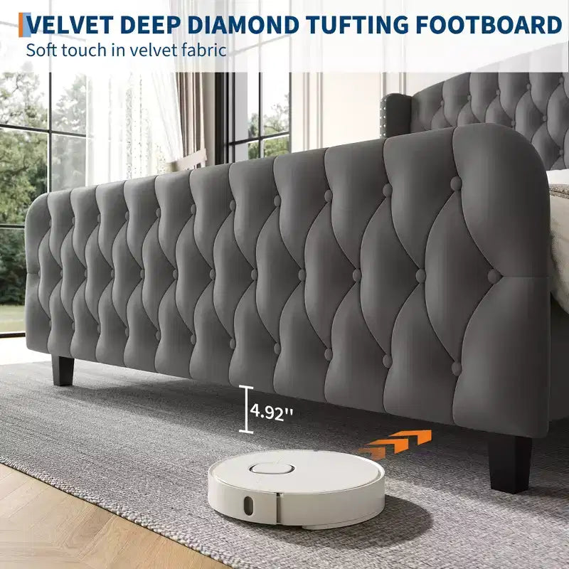 Upholstered Platform Bed Frame with Wingback Headboard and Footboard