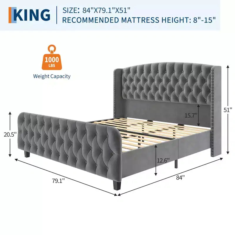 Upholstered Platform Bed Frame with Wingback Headboard and Footboard