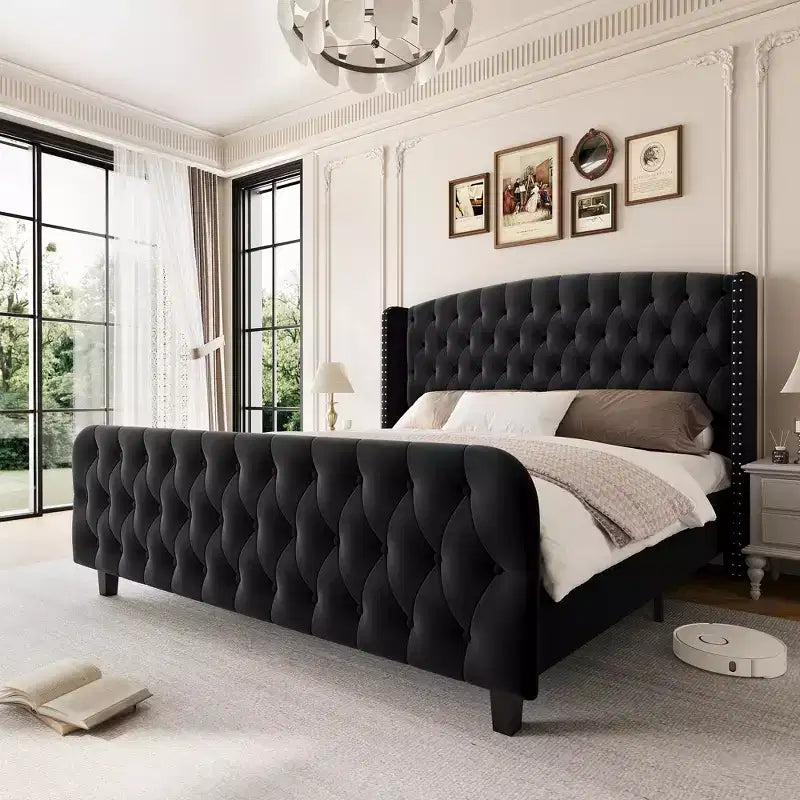 Upholstered Platform Bed Frame with Wingback Headboard and Footboard