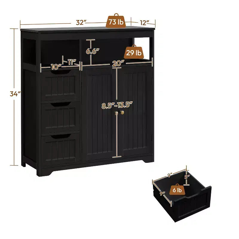 Freestanding Wooden Bathroom Floor Cabinet with Drawers and Doors