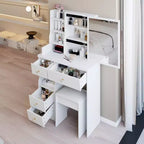 Compact Vanity Dresser with Cushioned Stool, Sliding Mirror and Multi-Layer Storage