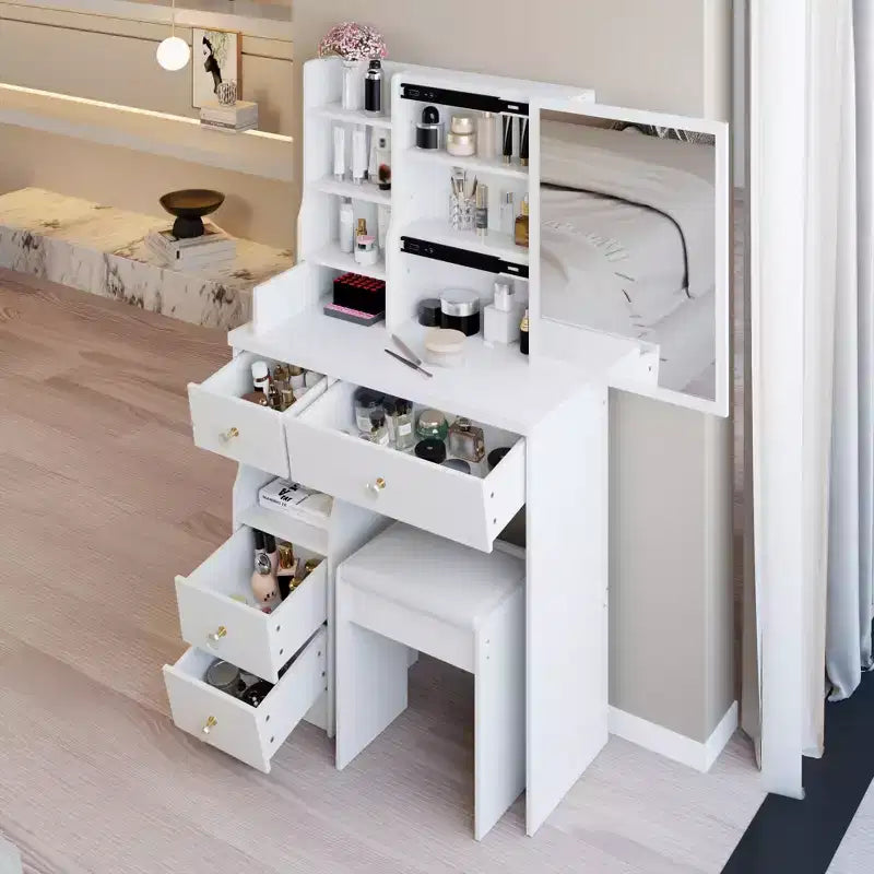 Compact Vanity Dresser with Cushioned Stool, Sliding Mirror and Multi-Layer Storage