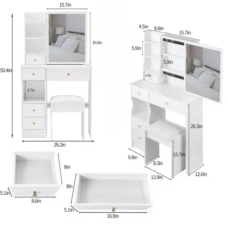 Compact Vanity Dresser with Cushioned Stool, Sliding Mirror and Multi-Layer Storage
