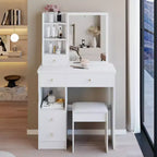Compact Vanity Dresser with Cushioned Stool, Sliding Mirror and Multi-Layer Storage