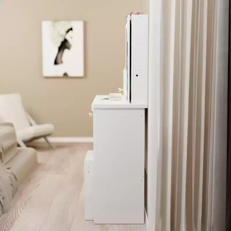 Compact Vanity Dresser with Cushioned Stool, Sliding Mirror and Multi-Layer Storage