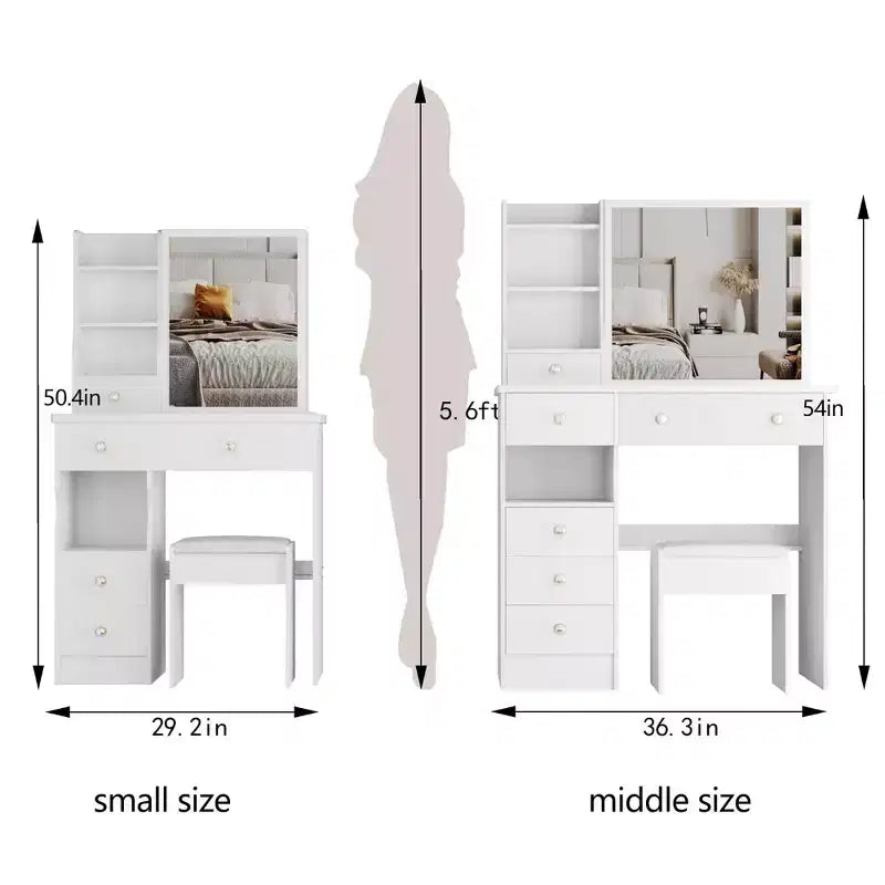 Compact Vanity Dresser with Cushioned Stool, Sliding Mirror and Multi-Layer Storage