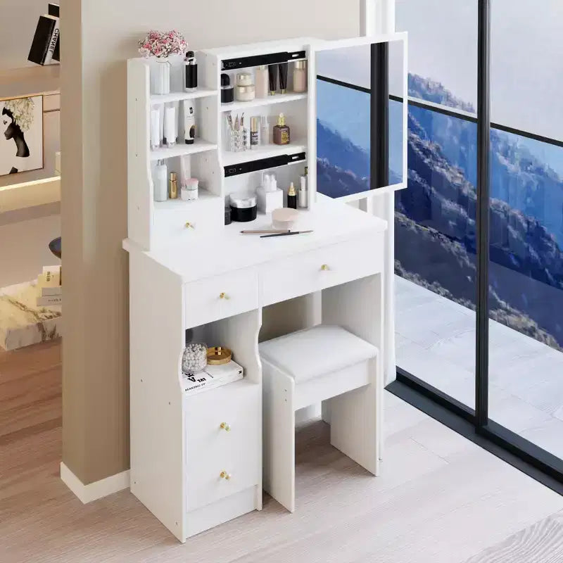 Compact Vanity Dresser with Cushioned Stool, Sliding Mirror and Multi-Layer Storage