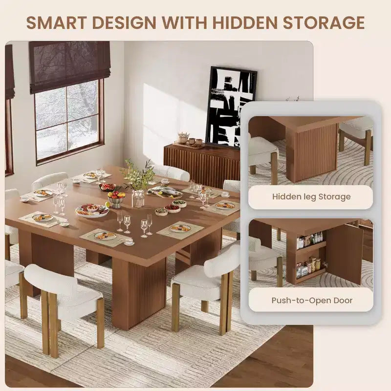 70.8'' Rectangular Dining Table for 6-10, Fluted Legs, Built-in Storage, Available in Multiple Finishes