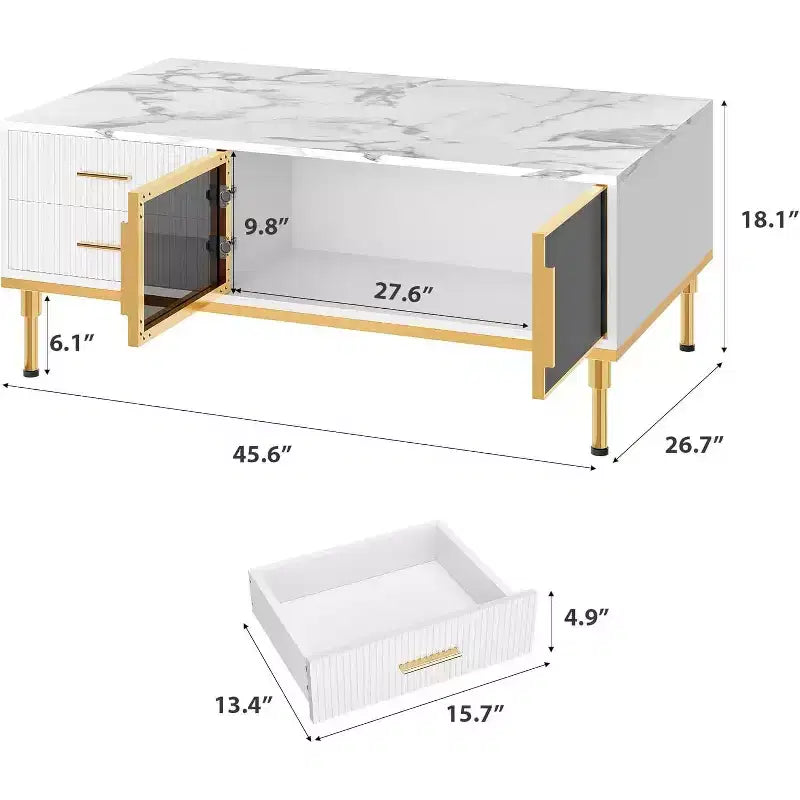 Modern Coffee Table with Faux Marble Top, 4 Drawers and Glass Door Storage, Fluted Panel Design