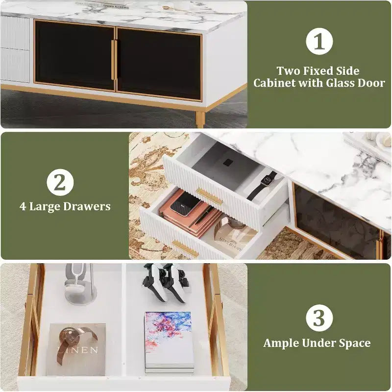 Modern Coffee Table with Faux Marble Top, 4 Drawers and Glass Door Storage, Fluted Panel Design