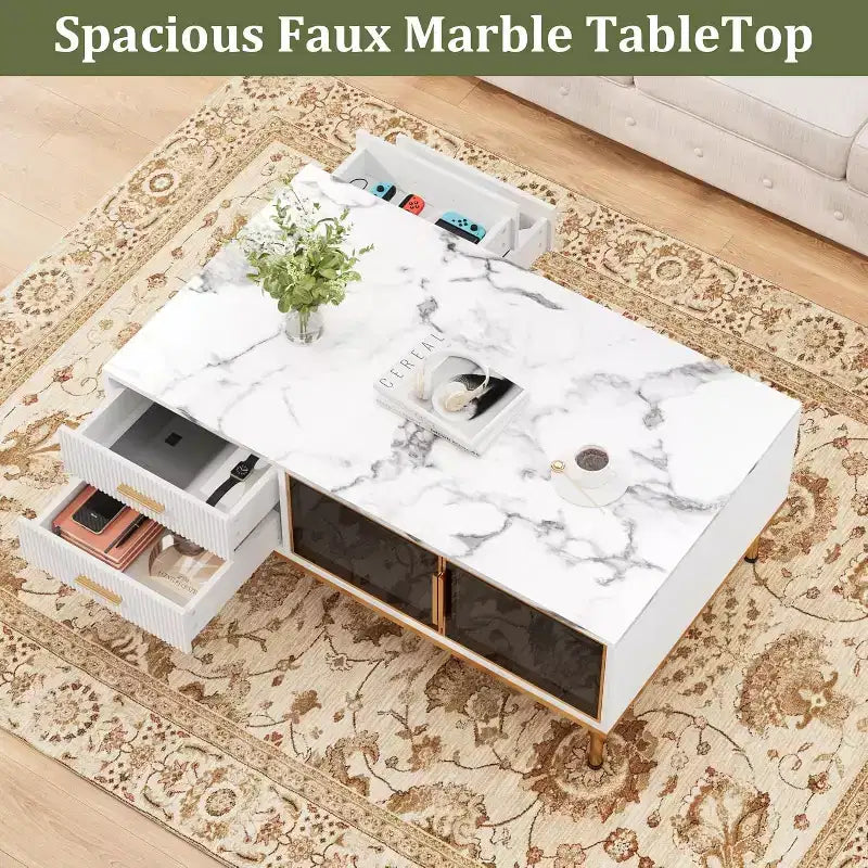 Modern Coffee Table with Faux Marble Top, 4 Drawers and Glass Door Storage, Fluted Panel Design