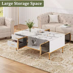 Modern Coffee Table with Faux Marble Top, 4 Drawers and Glass Door Storage, Fluted Panel Design