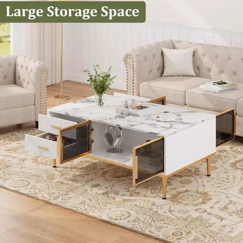Modern Coffee Table with Faux Marble Top, 4 Drawers and Glass Door Storage, Fluted Panel Design