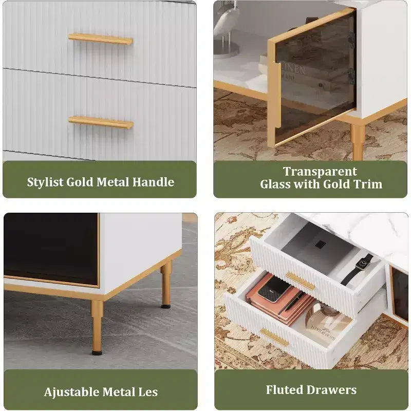 Modern Coffee Table with Faux Marble Top, 4 Drawers and Glass Door Storage, Fluted Panel Design