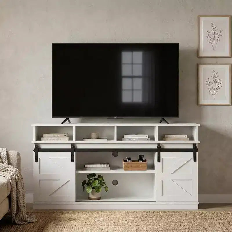 58" Farmhouse TV Stand with Sliding Barn Doors and Storage Shelves