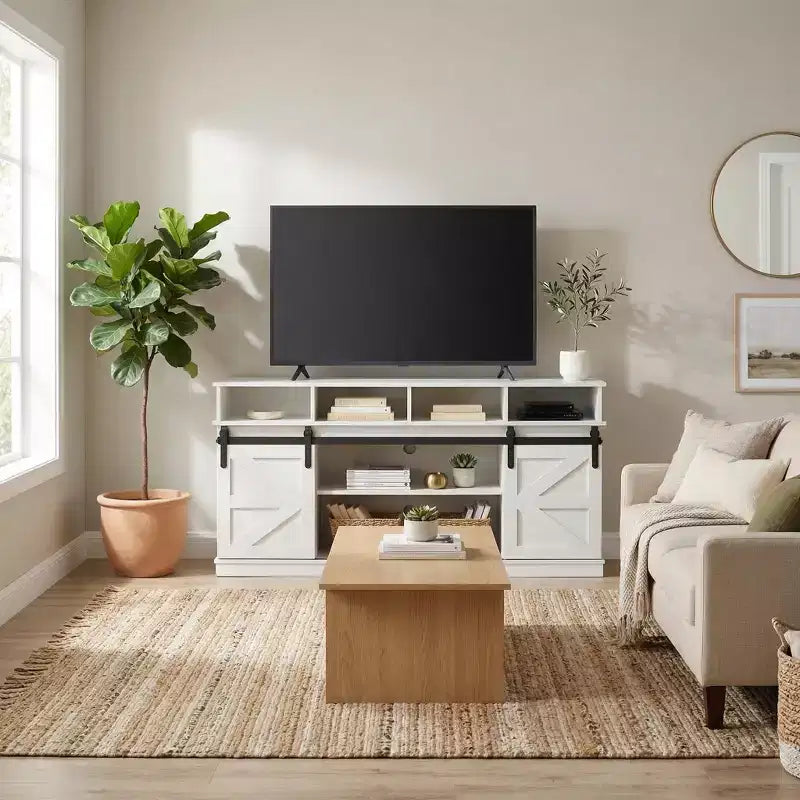 58" Farmhouse TV Stand with Sliding Barn Doors and Storage Shelves