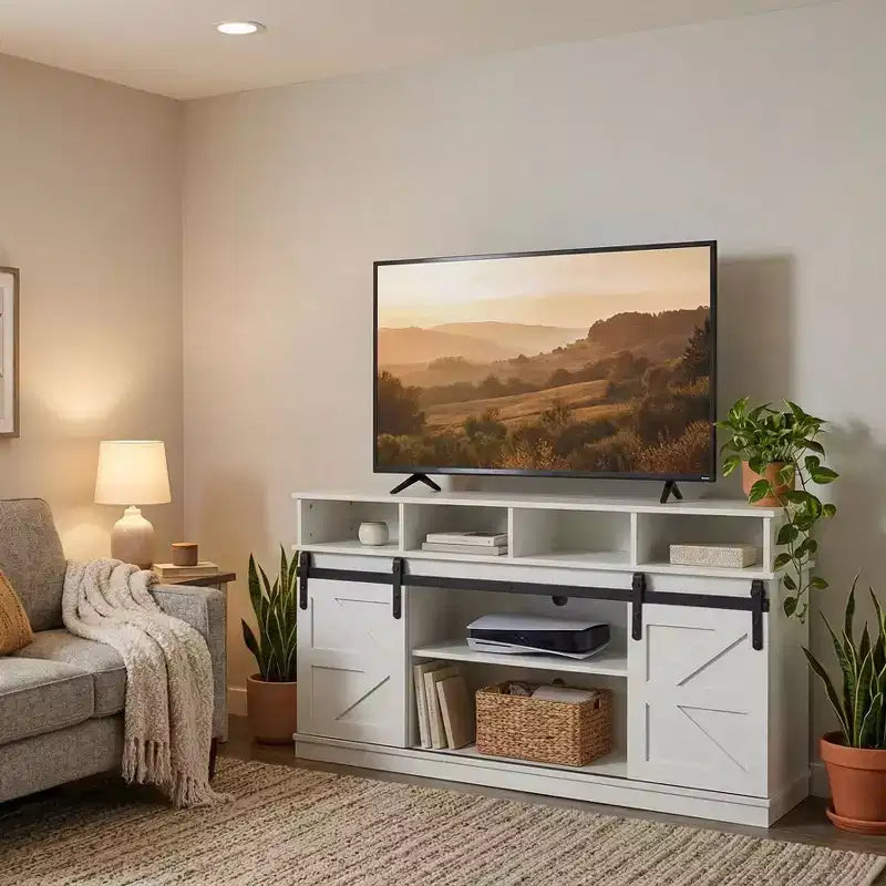 58" Farmhouse TV Stand with Sliding Barn Doors and Storage Shelves