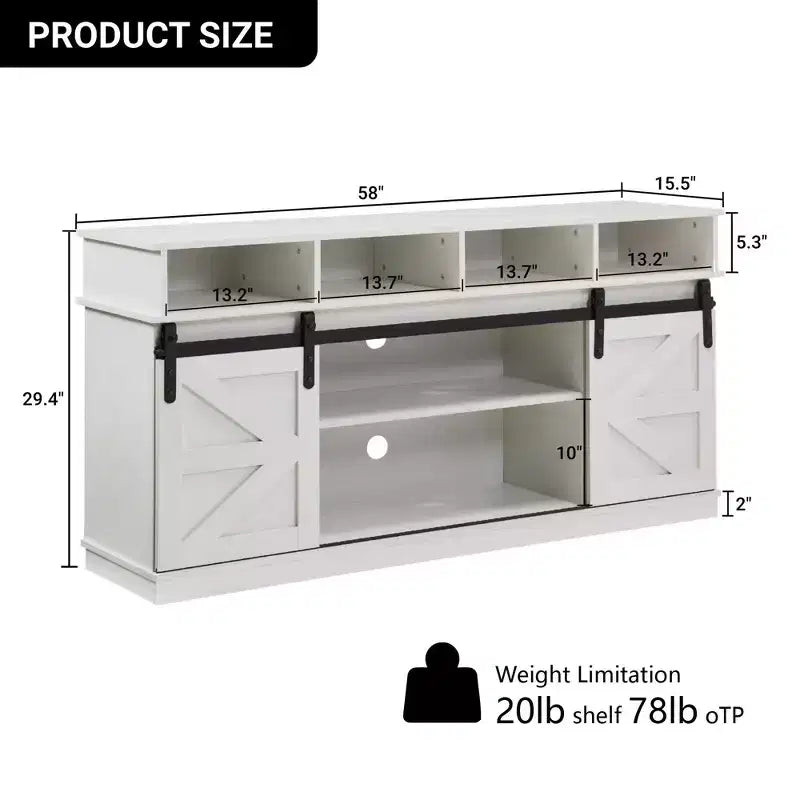 58" Farmhouse TV Stand with Sliding Barn Doors and Storage Shelves