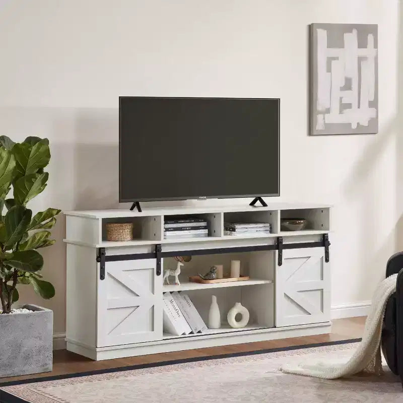 58" Farmhouse TV Stand with Sliding Barn Doors and Storage Shelves