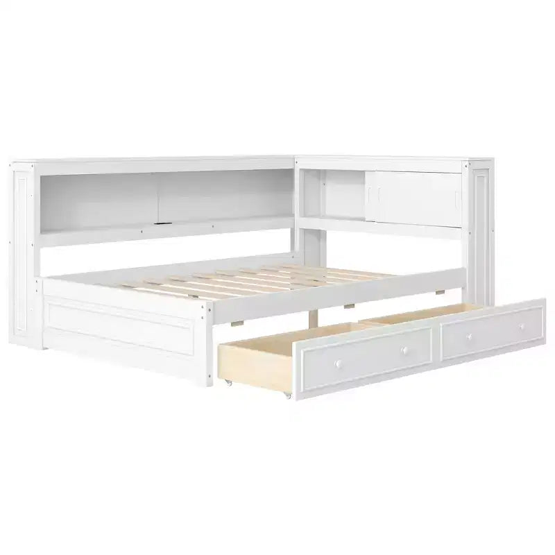 Full Size Corner Daybed with Storage Drawers and Bookcase Headboard